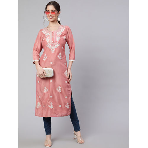 Peach Chikankari Straight Kurta