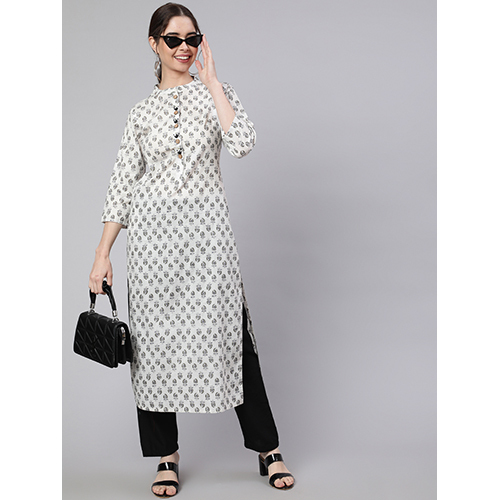 White & Grey Straight Fit Cotton Embroidered Kurta