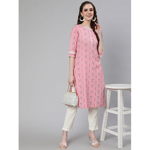 Women Pink Self Weaved Straight Kurta With Lace Detail