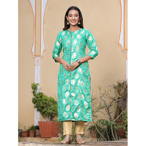 Amaiva Womens Green Brocade Straight Kurta