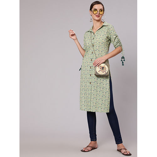 Green Cotton Printed Shirt Style Kurta.