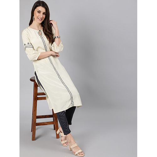 Women Off White Embroidered Rayon Kurta