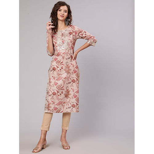 Beige Floral Digital Print Slub Kurta With Sequence Embelished In Yoke And Sleeves