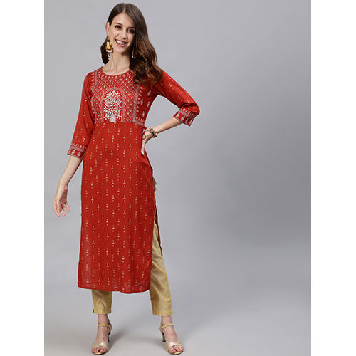 Rust Heavy Embroidered Gold Khadi Print Rayon Slub Kurta