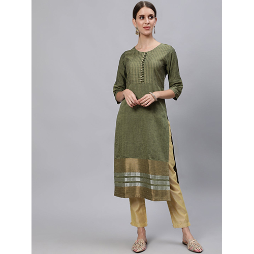 Olive Self Weave Straight Kurta