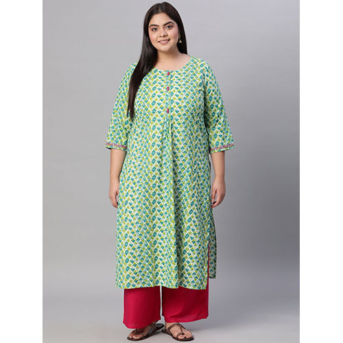 Green Cotton Geomatric Print Straight Fit Kurti