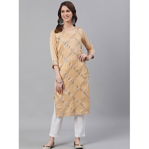 Beige Solid Straight Cotton Silk Kurta