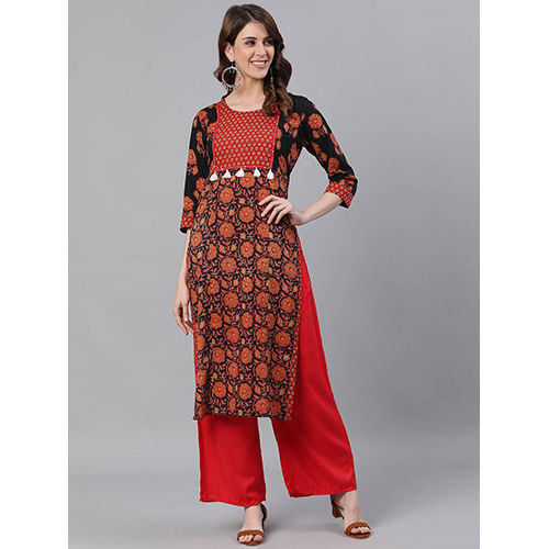 Black Ethnic Print Straight Cotton Kurtas