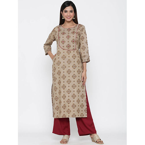 Khaki Ethnic Motif Straight Viscose Rayon Kurta