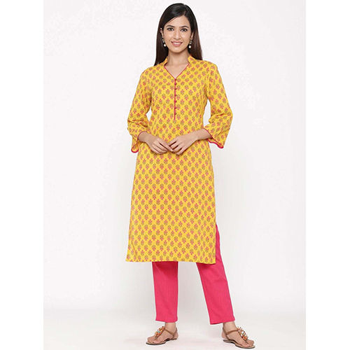 Yellow Printed Straight Cotton Kurta