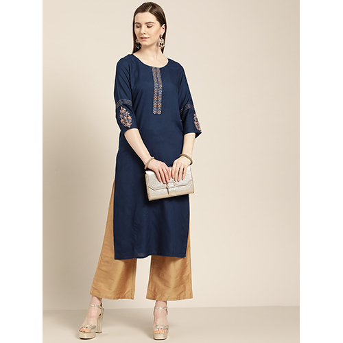 Blue Solid Embroidered Straight Kurta