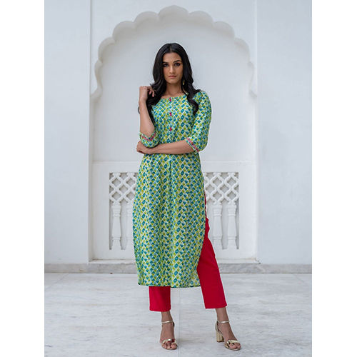 Green & Blue Geometric Print Straight Cotton Kurta