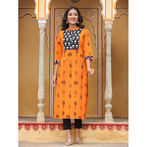 Orange Floral Print Straight Cotton Kurta