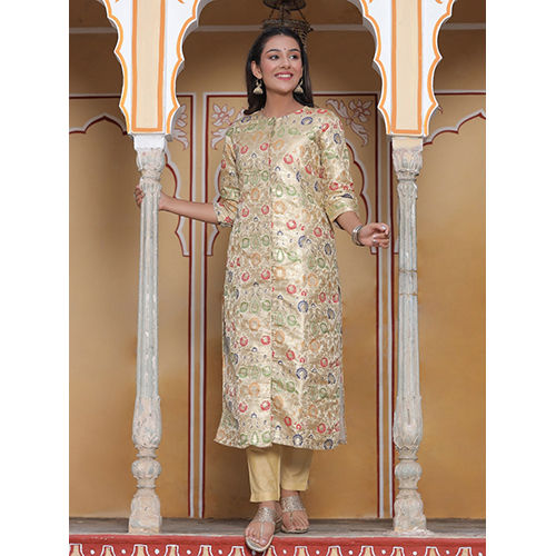 Beige Ethnic Brocade Kurtas