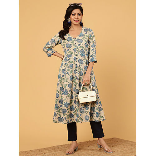 Blue Floral Print Cotton Anarkali Kurta