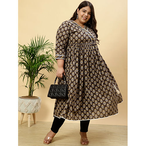 Plus Size Charcoal Grey Ethnic Printed Anarkali Kurta