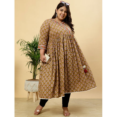 Plus Size Brown Ethnic Printed Anarkali Kurta