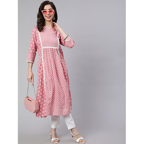 Women Pink Laced woven mix match kurta