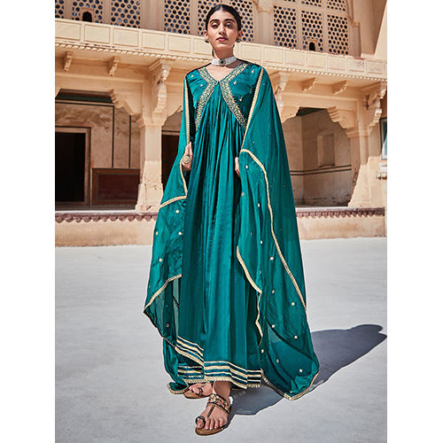 Rama Green Zardozi Embroidered Silk Long Kurta With Embroidered Organza Dupatta