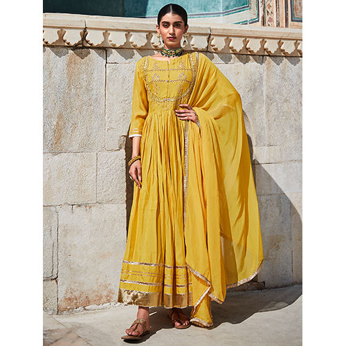 Yellow Zardozi Work Floor-Length Anarkali Kurta With Organza Embellished Dupatta