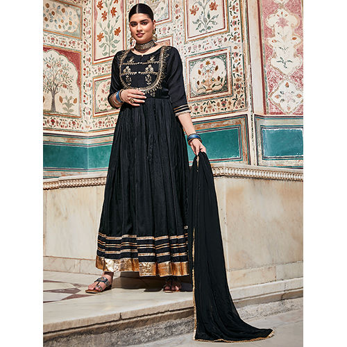 Black Zardozi Work Floor-Length Anarkali Kurta With Organza Embellished Dupatta