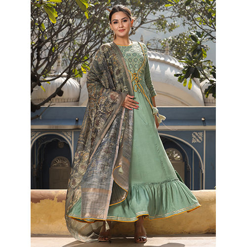 Amaiva Green Silk Blend Long Kurta With Chanderi Dupatta