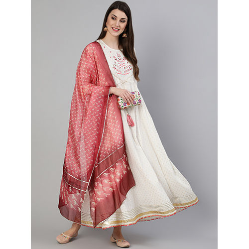 White Lurex Cotton Embroidered Floor Length Anarkali With Printed Kota Doria Dupatta