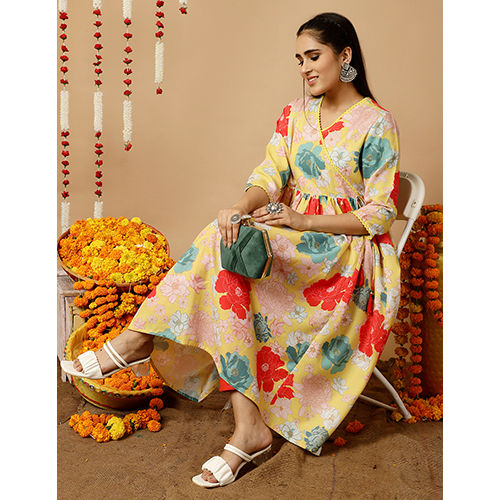 Yellow Floral Printed Gathered Angrakha Kurta