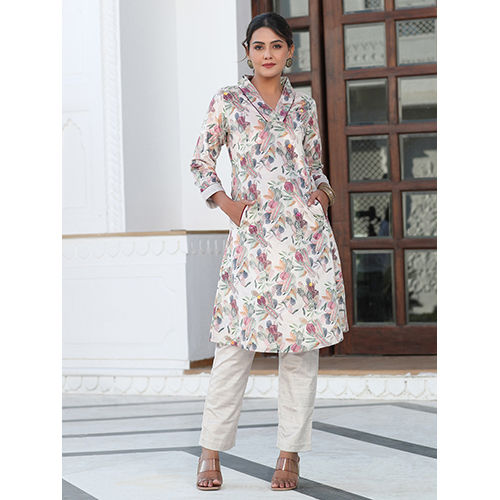 Off-White Printed Embroidered Velvet Kurta With Solid Velvet Pants