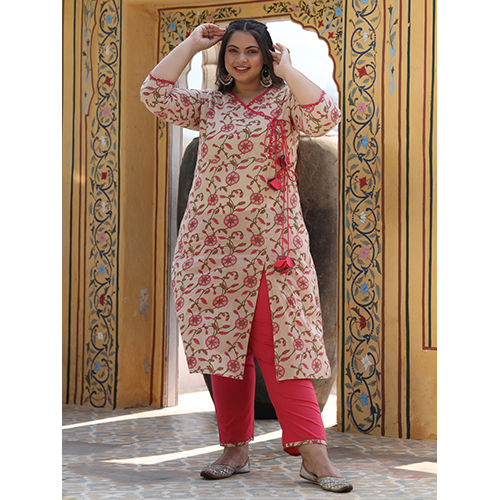 A Women Beige Ethnic Print Embroidered Cotton Angrakha Style Kurta With Palazzo