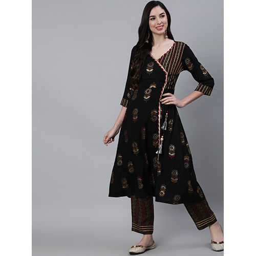 Black Rayon Slub Printed Kurta With Palazzo