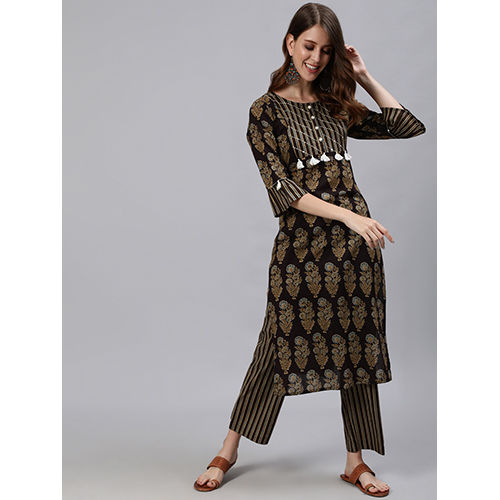 Black Printed Straight Cotton Kurta With Thread Work & Palazzo