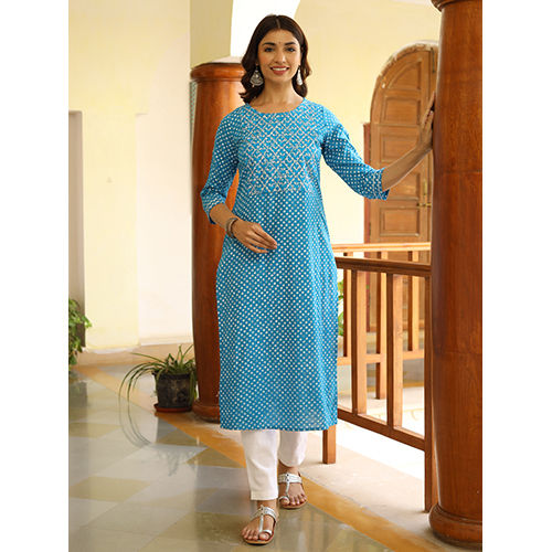 Turquoise Blue Ethnic Printed Straight Rayon Kurta With Embroidered Yoke And Cotton Pants