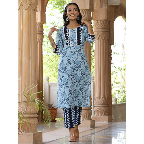 A Blue Straight Ethnic Printed Lace Embellished Kurta With Printed Pants