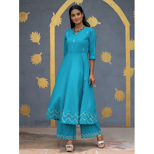 Turquoise Solid Embroidered Cotton Flared Kurta With Palazzos