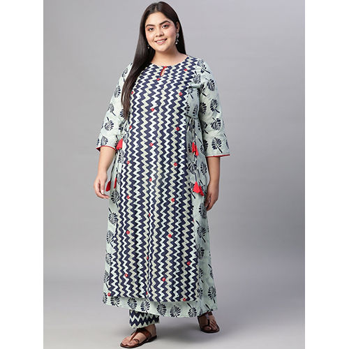 Navy Blue Zigzag Printed Cotton Long Kurta With Palazzos