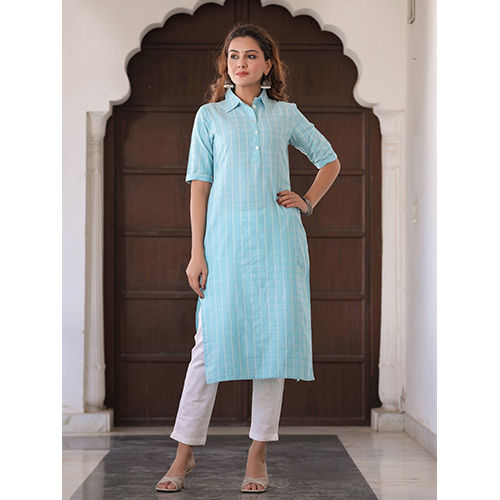 Blue Self Weave Straight Cotton Blend Kurta With Pant