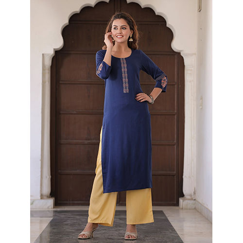 Blue Embroidered Straight Kurta With Solid Palazzo