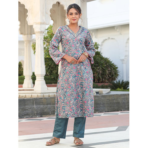 Bottle Green Velvet Printed Embroidered Kurta With Solid Velvet Pants