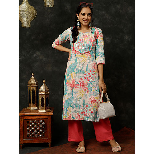 Coral Kantha Work Printed Straight Kurta With Palazzo