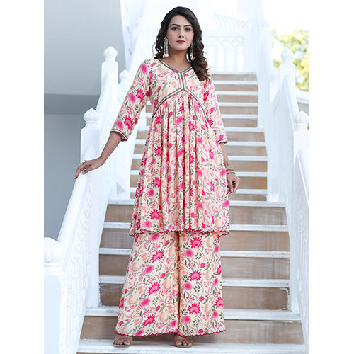 Zardozi Embroidered Peach Silk Floral Printed Flared Kurta With Palazzo