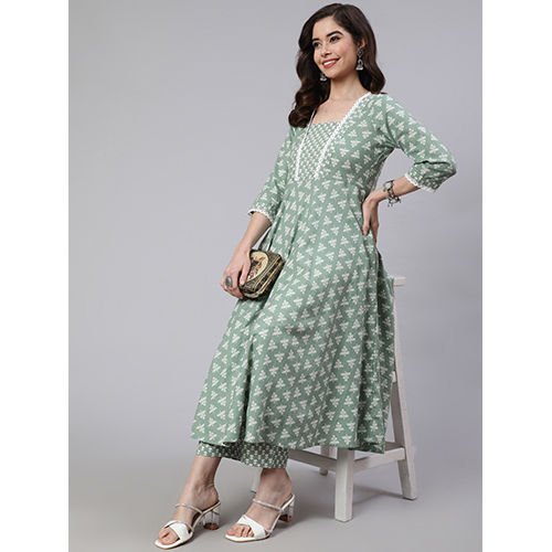 Women Green Woven Ethnic Print Embroidered Flared Laced Kurta With Printed Palazzo