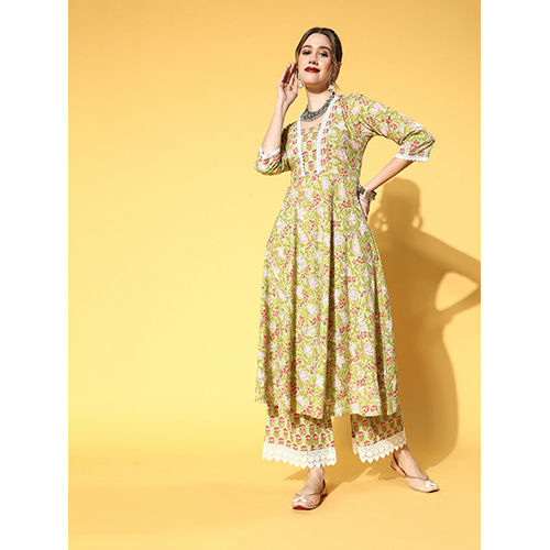 Women Green Cotton Printed Embellished Anarkali Kurta With Palazzo