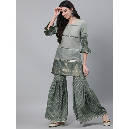 Women Olive Printed Kurta With Sharara