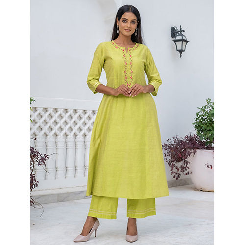 A-Line Green Chanderi Kurta With Palazzo