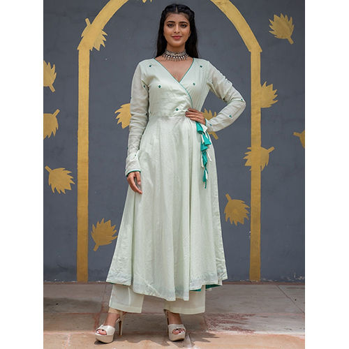 Light Green Angrakha Style Cotton Flared Kurta With Palazzos