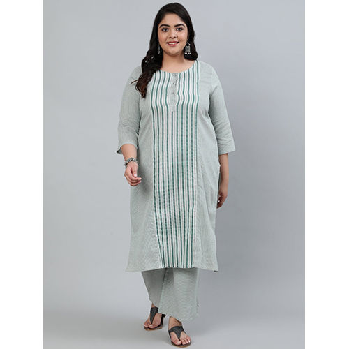 Green Self Striped Straight Cotton Blend Kurta With Palazzos