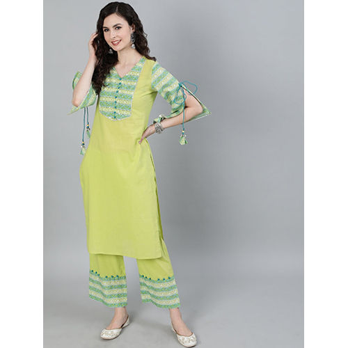 Green Ethnic Motifs Yoke Design Pure Cotton Kurta With Trousers