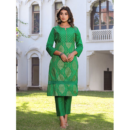 Green Printed Straight Thread And Lace Work Kurta With Pant