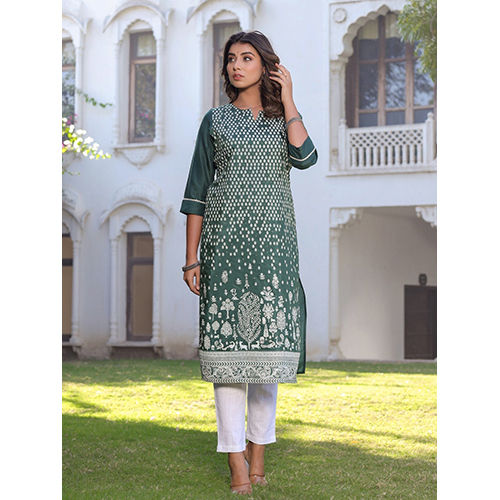 Green Ethnic Motifs Straight Silk Blend Kurta With Pants